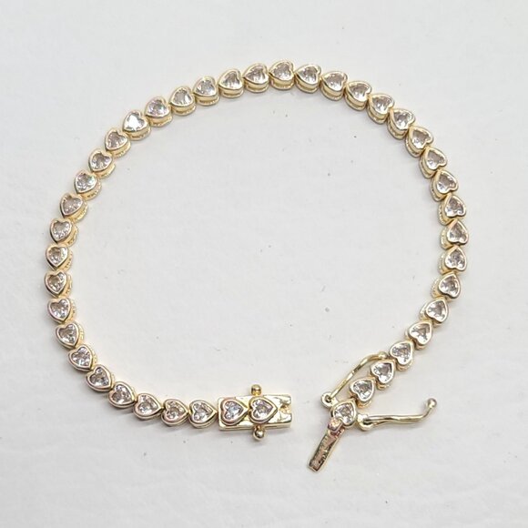 Gold plated heart tennis bracelet w clear crystals, 7in, Christmas holiday gift - Picture 1 of 9